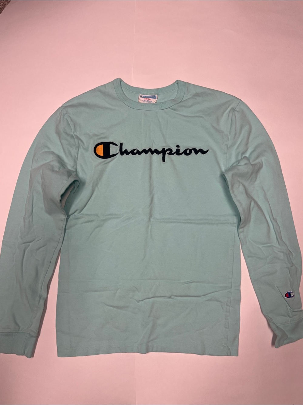 Champion Long Sleeve Script Logo Tee in Mint Green